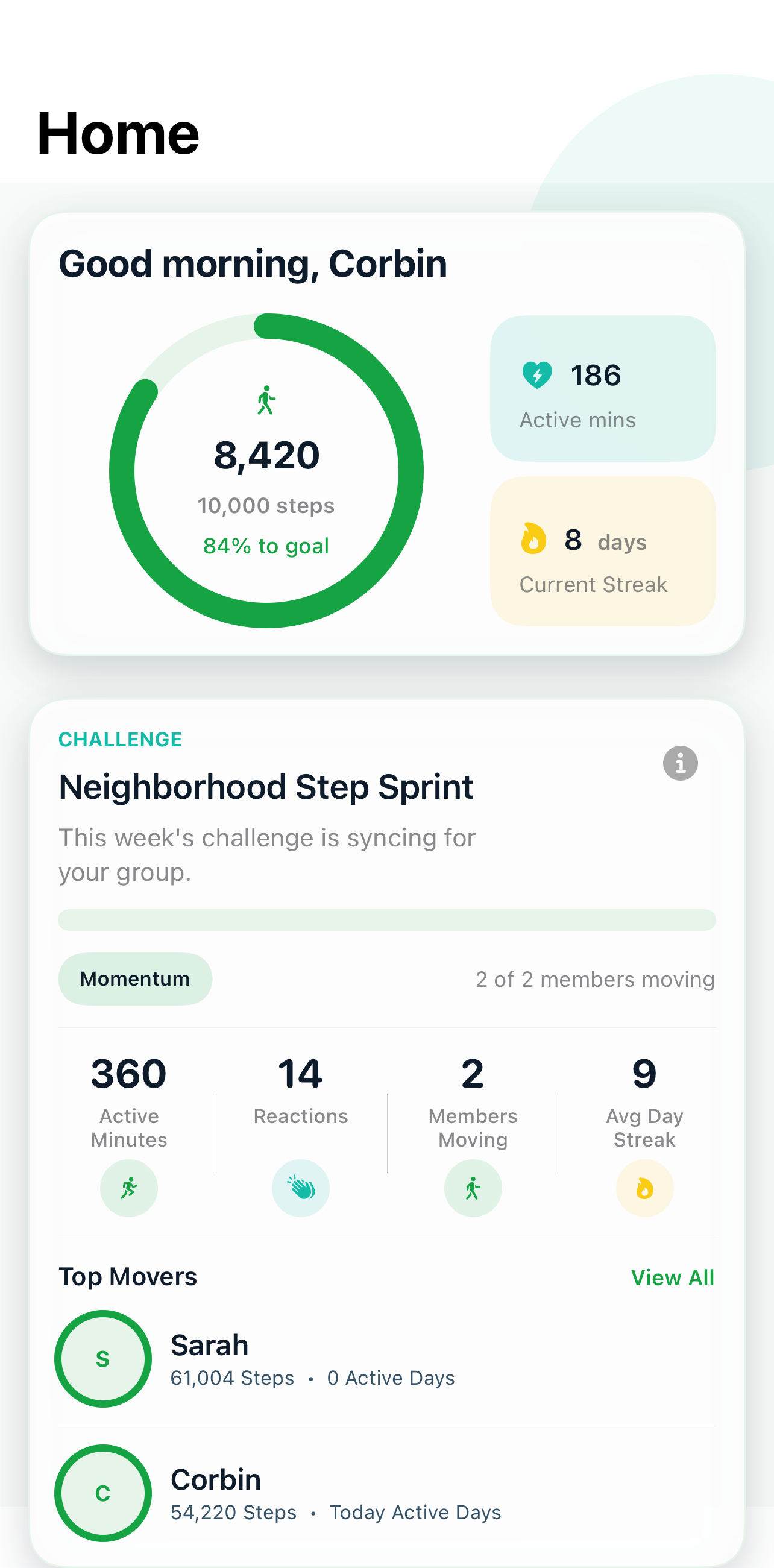 Move It home tab showing the step ring, challenge card, and group progress